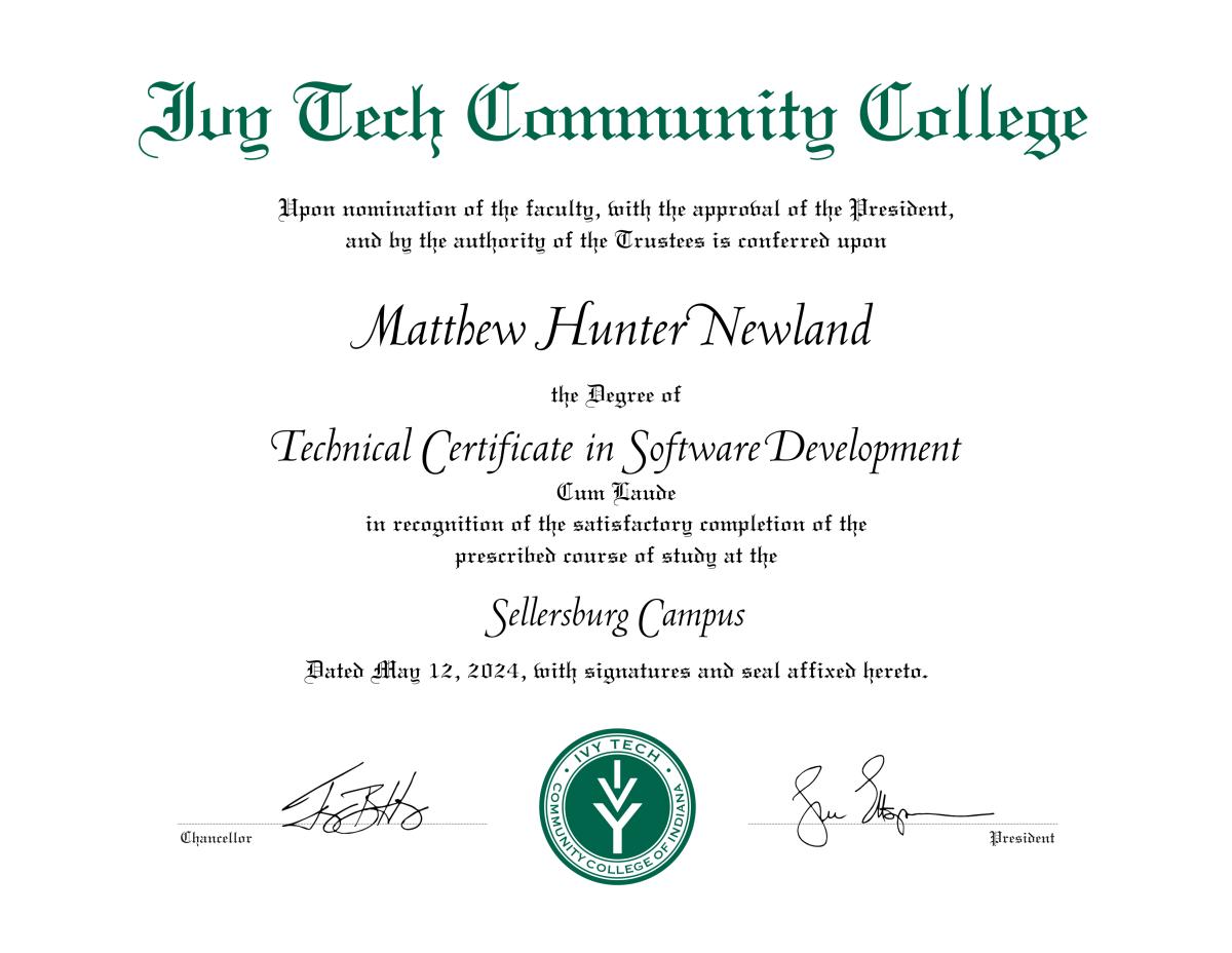 Technical Certificate in Software Development issued by Ivy Tech Community College